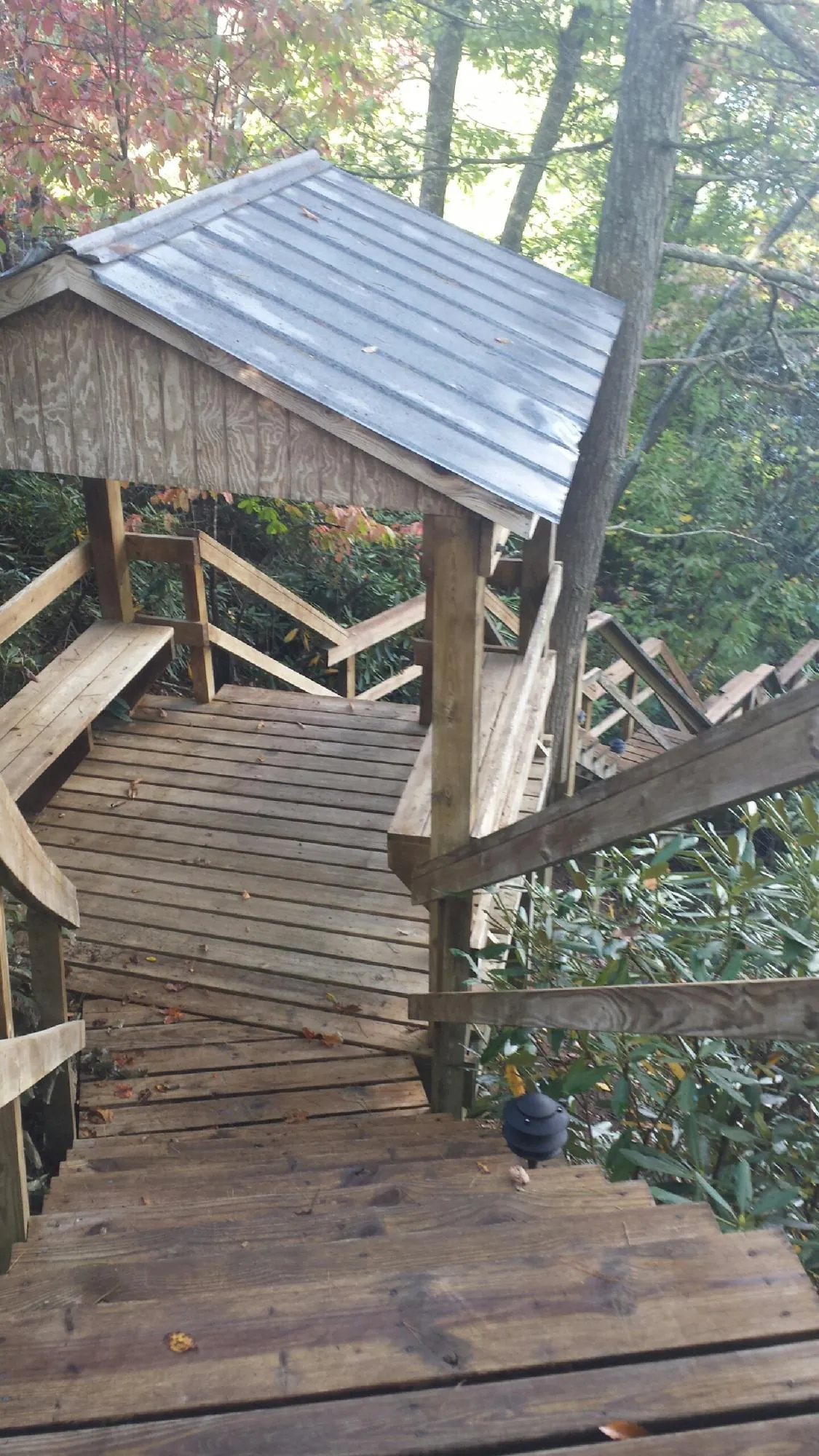 Metal roofed shelter over wooden steps on a wooded walkway — Skylight Repair & Installation work by our crew in Ridge